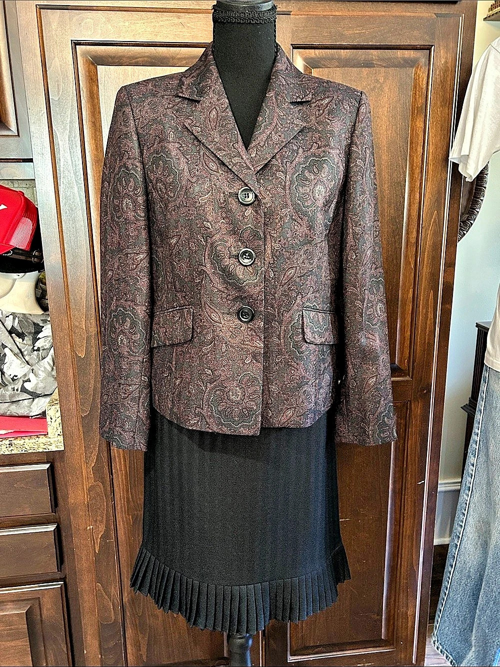 Evan-Picone 2Pc Skirt Suit Sz 8P Plum Paisley Blazer w Blk Skirt